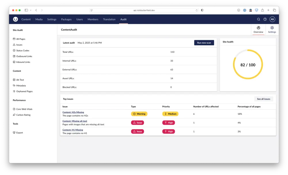 The ContentAudit dashboard, showing a list of the number of pages crawl, a site score health dial and a list of top issues.