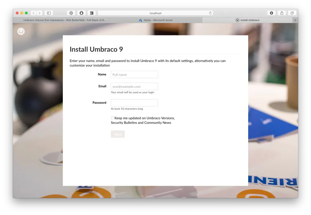 The Umbraco vNext installer screen running on macOS