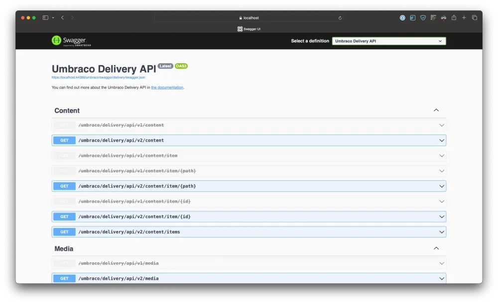 Umbraco's Swagger UI showing available endpoints for querying content and media
